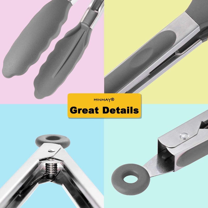 HINMAY Locking Kitchen Tongs with Silicon Tips 9-Inch Stainless Steel Grilling Tongs, Set of 3 (Gray) - Image 4